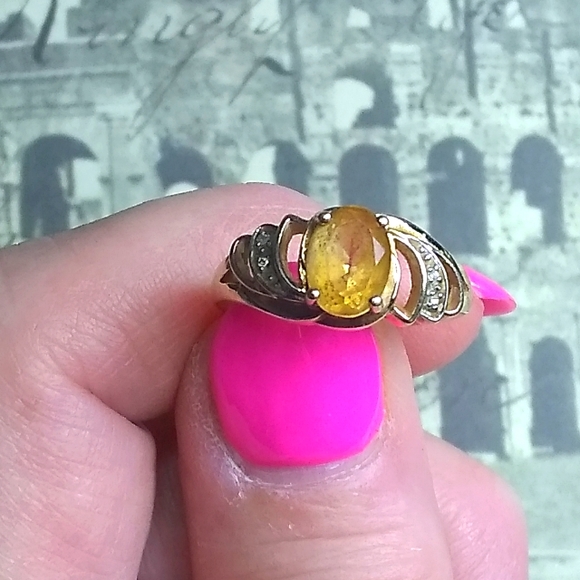 Solid 10KT Gold Yellow Citrine & Diamonds Ring Sz 7 - Picture 6 of 11